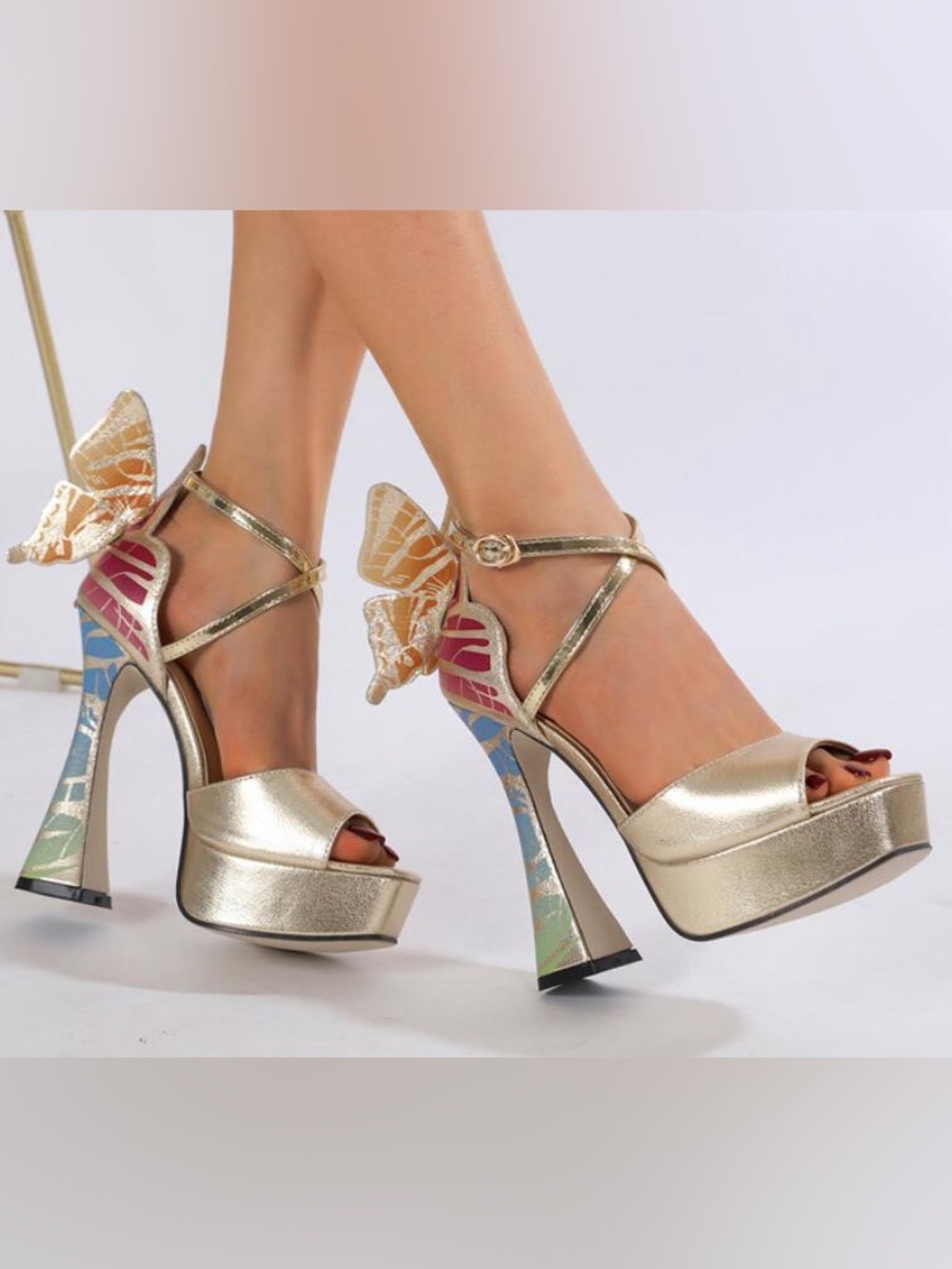Gold Butterfly-Accent Platform Heels - Multicolor Detail - Picture 3 of 5